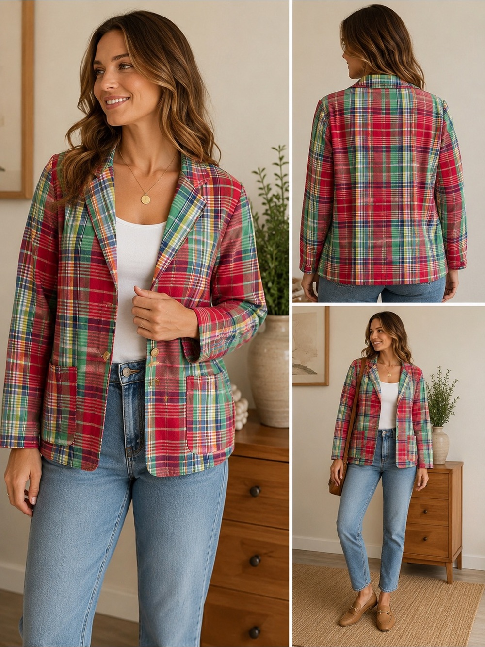 Vintage Madras Plaid Cotton Blazer Jacket BFA Classics Preppy Coastal Women’s L